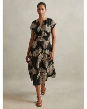 Reiss Colby Khaki Tropical Print Elasticated Waist Midi Dress, Khaki & Cream - Natural
