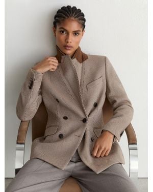 Reiss Aubrey - Taupe Neutral Wool-blend Textured Double-breasted Blazer, Us 2 - Multicolour