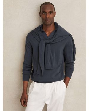 Reiss Wool Open-Collar Polo Shirt - Blue