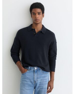 Reiss Elm - Navy Wool-blend Half-button Polo Jumper, S - Blue