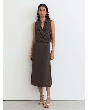 Reiss Drape-Detail Band-Collar Midi Dress - White