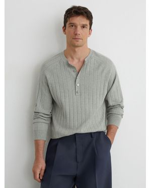 Reiss Wide-Rib Knit Henley Jumper - Grey