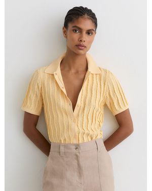Reiss Audrey - Buttermilk Yellow Stitch-detail Short-sleeve Knitted Shirt, L (us 12-14) - Natural