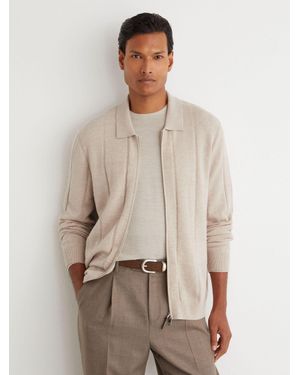 Reiss Wool Check-Textured Zip-Through Cardigan - Natural