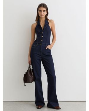 Reiss Denim Halterneck Flared Jumpsuit - Blue