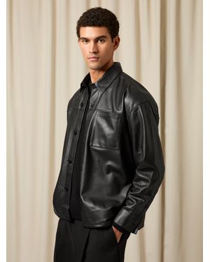 Reiss Monogram Embossed Leather Jacket Relaxed-Fit - Black