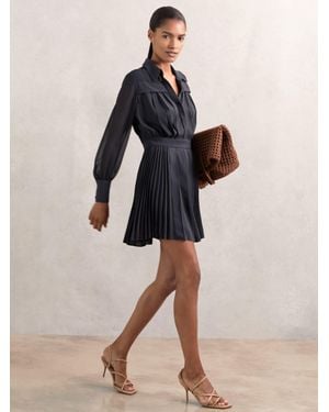 Reiss Pleated Sheer Sleeve Mini Dress - Natural