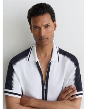 Reiss Optic & Colour-Block Zip-Through Knit Shirt - White