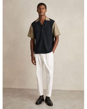 Reiss Peza - Navy/brown Colour-block Cuban-collar Shirt, Xxl - Natural