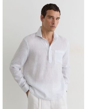 Reiss Airforce & Stripe Linen Pinstripe Half-Button Shirt Regular-Fit - White