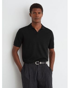 Reiss Merino Wool Open-Collar Polo Shirt - Black