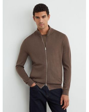Reiss Merino Wool Funnel-Neck Zipped Cardigan - Brown