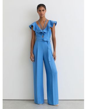 Reiss Sophia - Blue Ruffle Tie-neck Wide-leg Jumpsuit, Us 0