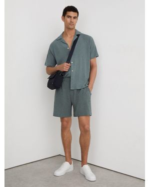 Reiss Flint - Dark Sage Textured Drawstring Shorts, L - Blue