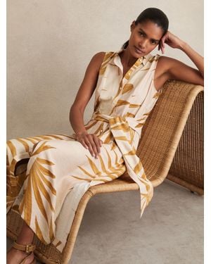 Reiss Morgan Neutral Petite Palm-Print Sleeveless Shirt Dress, Cream - Brown