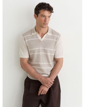 Reiss Oatmeal & Merino Wool Striped-Knit Polo Jumper - White