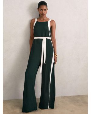 Reiss Dark & Cream Petite Colourblock Wide Leg Belted Jumpsuit - Multicolour