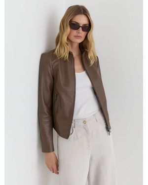 Reiss Allie - Taupe Neutral Petite Leather Collarless Biker Jacket, Us 12 - Natural