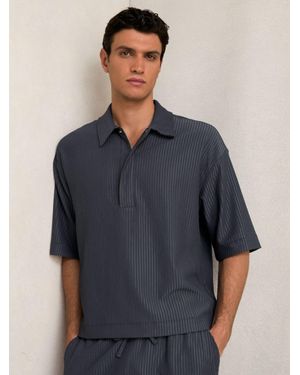 Reiss Oversized Textured Stripe Polo Shirt - Blue