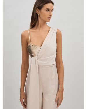 Halston Satin Sequin Wide Leg Jumpsuit - Natural