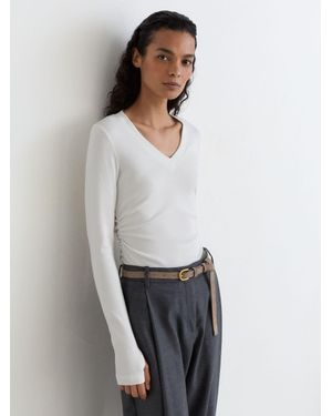 Reiss Cotton-Stretch V-Neck Ruched Top - White