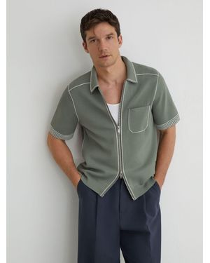 Reiss Blake - Sage Stitch-detail Zip-through Knit Shirt, Xl - Green