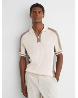 Reiss Ecru & Taupe Colour-Block Half-Zip Knitted Polo Shirt - Natural