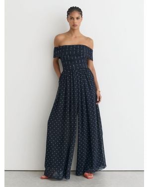 Reiss Polka-Dot Bardot Wide-Leg Jumpsuit - Blue