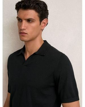 Reiss Merino Wool Open Collar Polo Shirt - Black