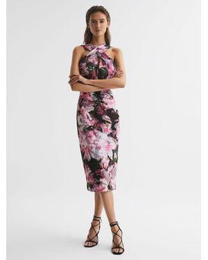 Reiss Ella - Pink Ella Floral Print Halter Midi Dress, Us 8 - Red