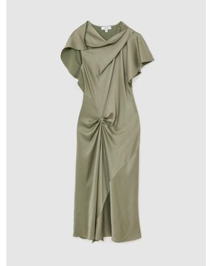 michelle satin tuck detail cape midi dress in champagne neutral Reiss Satin Tuck-Detail Cape Midi Dress in Champagne Neutral