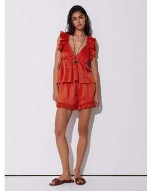 Reiss Ruffle Trim Side-Tie Babydoll Top - Red