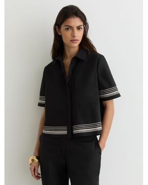 Reiss Cat - Black/ivory Cotton Stripe-detail Boxy Shirt, Us 8