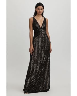 Halston Plunge Neck Sequin Maxi Dress - Black