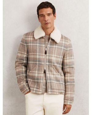 Reiss Wool-Blend Check Fleece-Collar Jacket - Natural