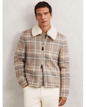 Reiss Wool-Blend Check Fleece-Collar Jacket - Natural