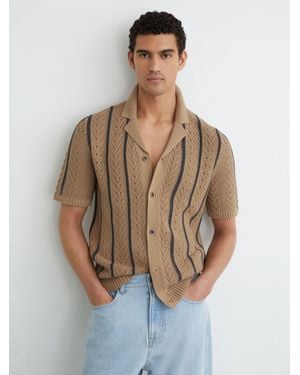 Reiss Ellingham - Light Camel Cotton-blend Textured-knit Stripe Shirt, S - Natural