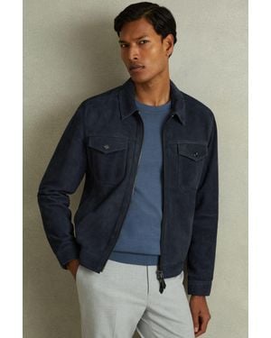 Reiss Pike - Indigo Blue Suede Zip Through Trucker Jacket