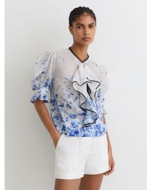 Reiss Minni - Ivory/blue Cotton Floral-print Ruffle Blouse, Us 4