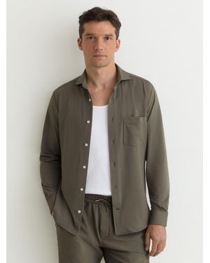 Reiss Solarko - Dark Sage Green Seersucker Cutaway-collar Shirt Regular-fit, L - Grey
