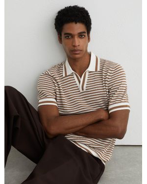 Reiss Camel & Off Stripe Knit Open-Collar Polo Shirt With Linen - Grey