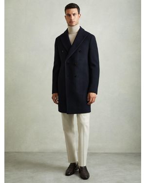 Reiss Cliff - Navy Herringbone Wool Blend Herringbone Twill Overcoat, S - Blue