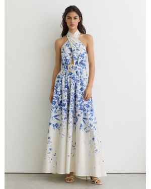 Reiss Amaya - Ivory/blue Cotton Floral-print Belted Maxi Dress With Stretch, Us 6 - White