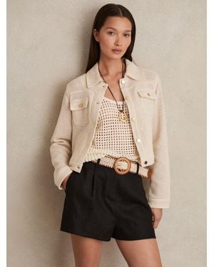 Reiss Beau - Black Linen Pleat-front Belted Shorts, Us 14 Regular - Natural