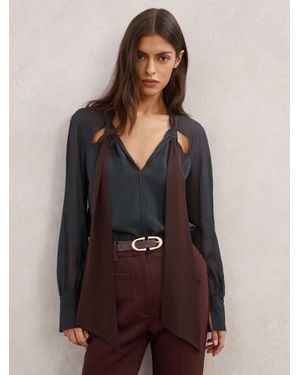 Reiss Burgundy Tie-Neck Cut-Out Blouse - Brown