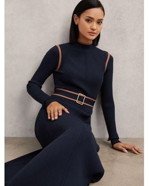 Reiss Camel Colourblock Rib-Knit Midi Dress - Blue