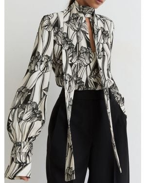 Reiss Floral-Print Tie-Neck Blouse - Black
