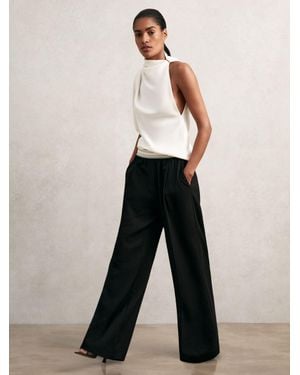 Reiss Wide-Leg Contrast-Waistband Trousers - White