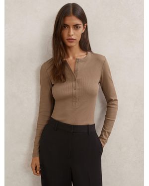 Reiss Stretch-Cotton Half-Button Top - Natural