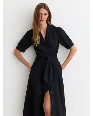 Reiss Short-Sleeve Belted Midi Dress With Linen - Black